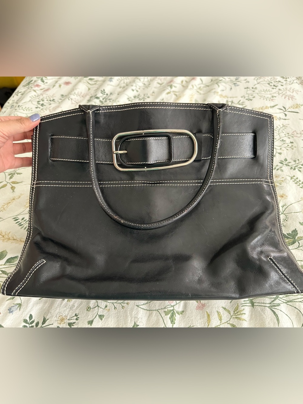 Furla Black Leather Tote with Silver Buckle